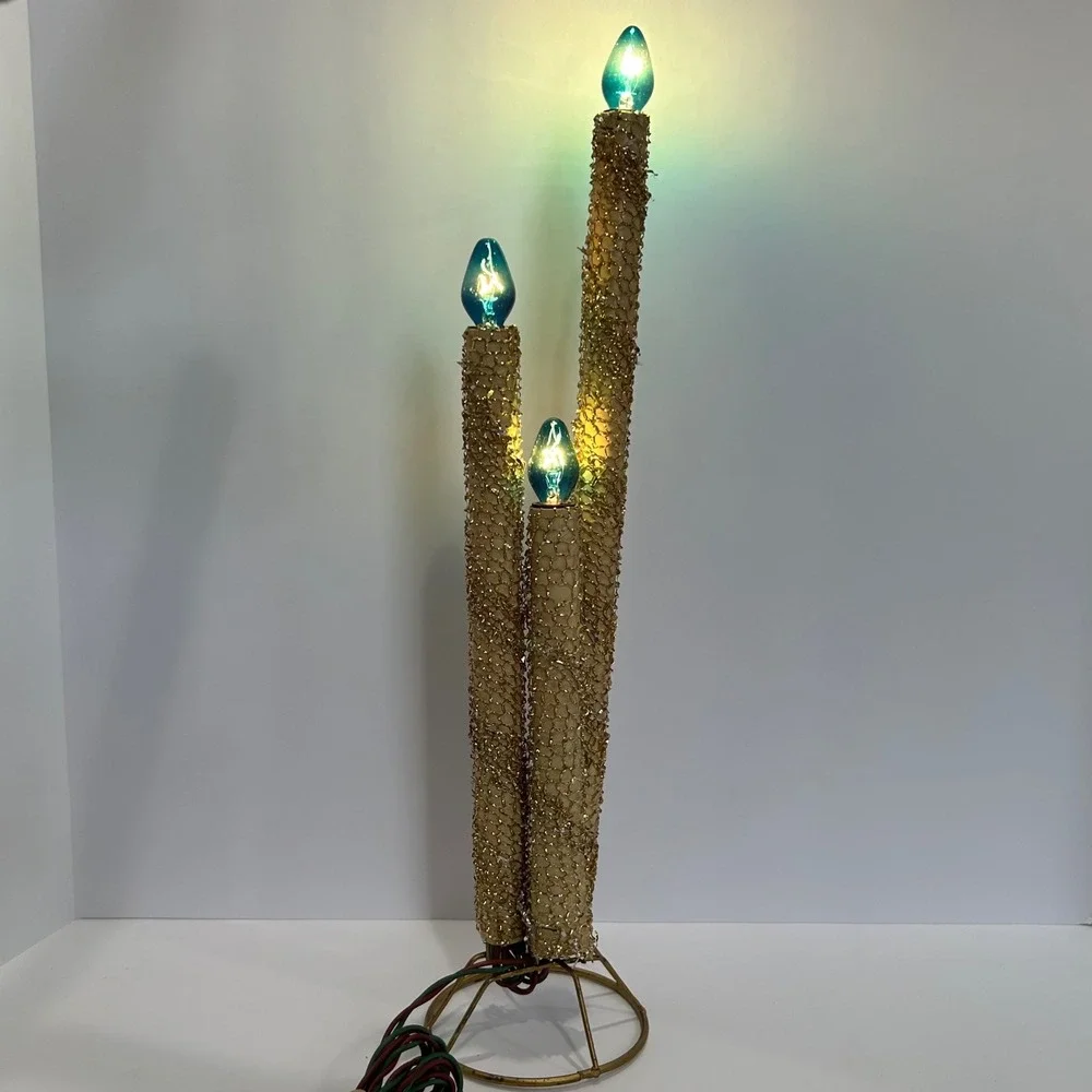 Vintage MCM Gold Tinsel Mesh 3-Tier Electric Candelabra Christmas Centerpiece
